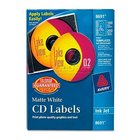 Avery Dennison Avery 8691 Inkjet CD/DVD Labels, Matte White, 100/Pack 8691